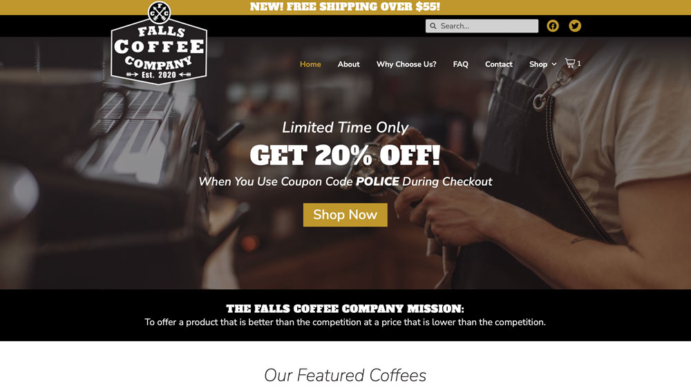 Falls Coffee Company Website Design Screenshot