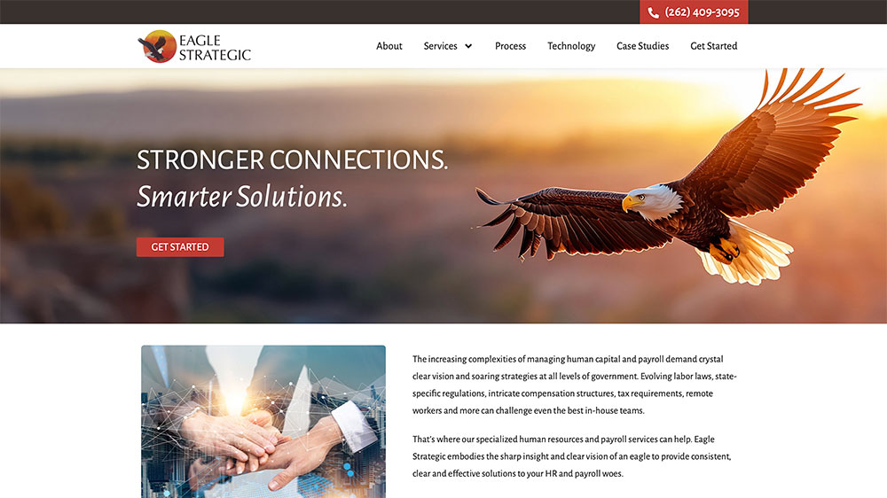 A website homepage features an eagle soaring over a sunrise. The text reads “Stronger Connections. Smarter Solutions.” Navigation links and a contact number appear at the top, with business information shown below.