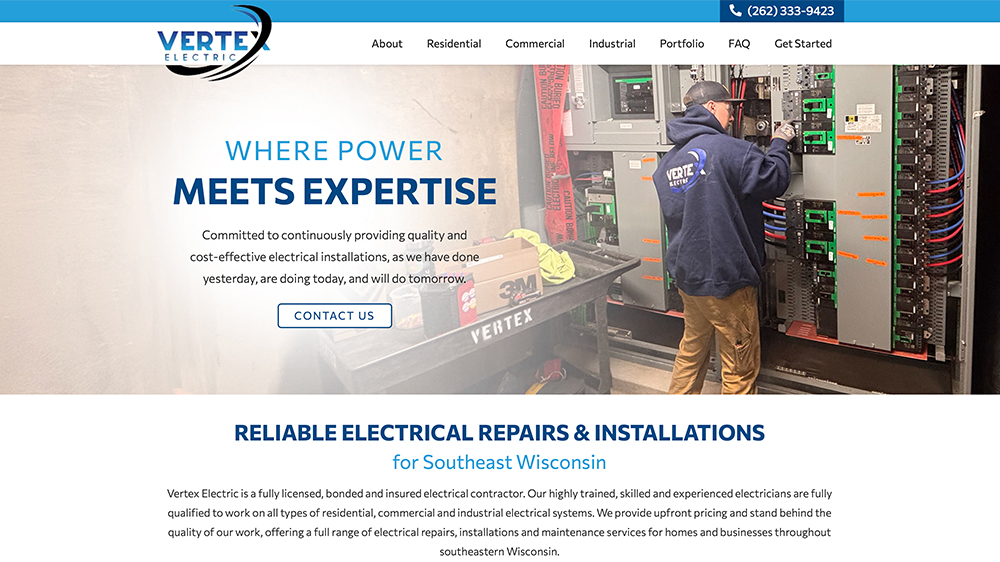 A Vertex Electrician in a hoodie and hat works on an electrical panel in a utility room. The website shows Vertex Electrics logo, contact details, navigation menu, and text about electrical repairs and installations in Wisconsin.