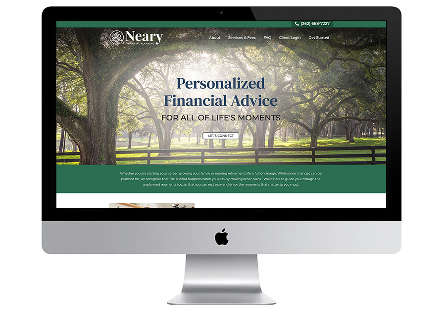 A computer monitor displays the Neary financial services website, showing a park with large trees and the text Personalized Financial Advice for All of Lifes Moments above a Lets Connect button.