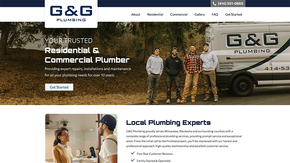 Screenshot of the G&G Plumbing website homepage, showing a group of five plumbers standing in front of a G&G Plumbing van, with website navigation, contact info, and service descriptions visible.