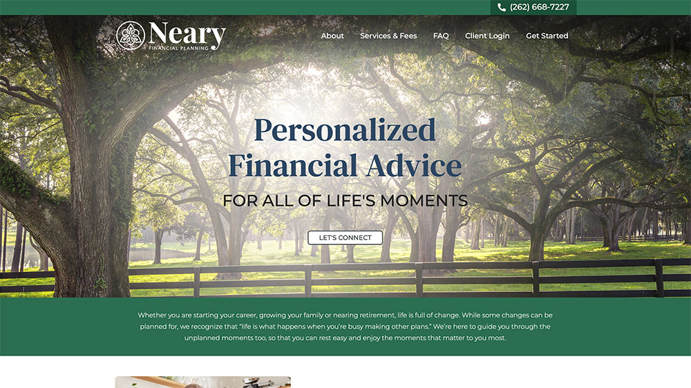 Homepage of Neary Financial Planning’s website, featuring sunlit trees with sprawling branches, a wooden fence, and text offering personalized financial advice. Navigation menu and contact number appear at the top.