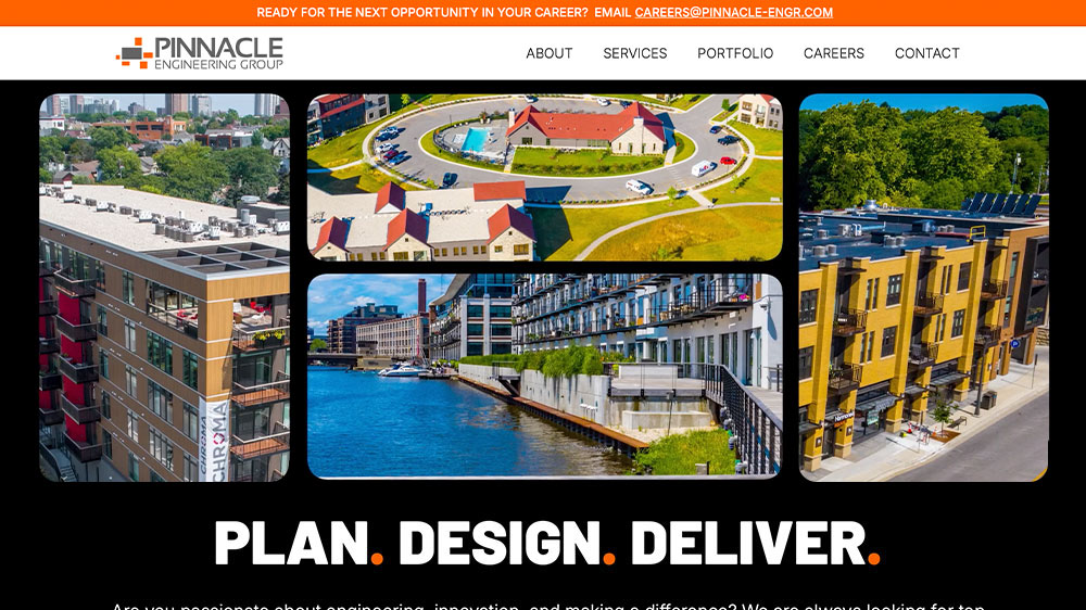 Website screenshot of Pinnacle Engineering Group showing three cityscape and building photos, with navigation links for Services, Portfolio, Careers, and Contact, plus bold text reading Plan. Design. Deliver.