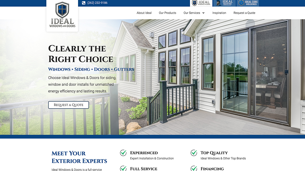 Homepage of Ideal Windows & Doors website showing a modern house exterior with large windows and sliding doors. Main banner includes company logo, navigation menu, and a Request a Quote button.