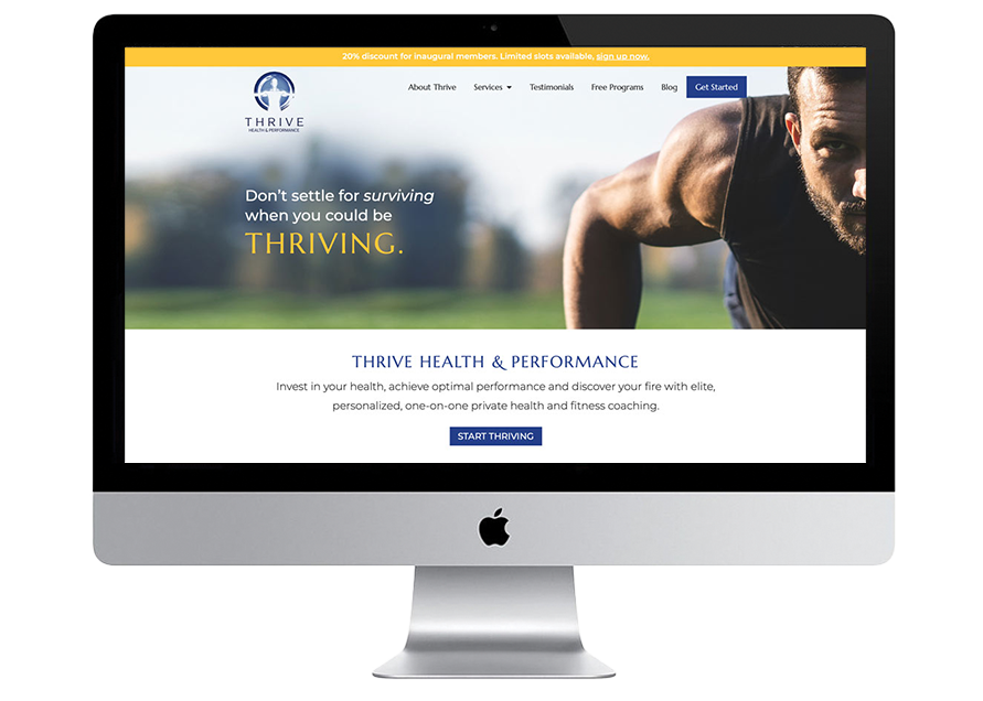 A computer monitor displays the Thrive Health & Performance website, featuring a close-up of a man in athletic wear with the text, Dont settle for surviving when you could be thriving. Navigation menu is visible at the top.