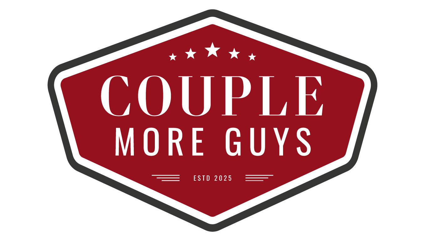 A red, badge-shaped logo with white text reads COUPLE MORE GUYS and ESTD 2025 below, with five stars above the main text. The badge has a dark outline.