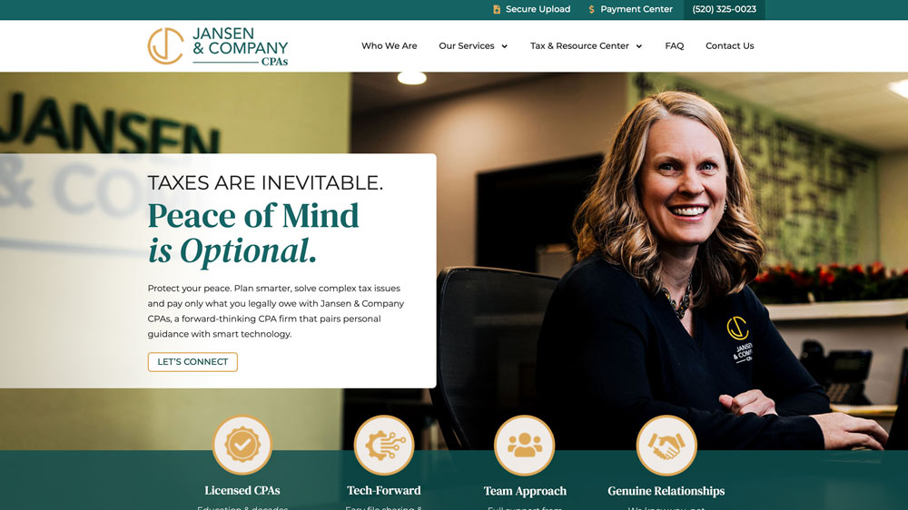 A smiling woman sits at a desk in an office with the Jansen & Company CPAs logo behind her. The website text reads, “Taxes are inevitable. Peace of mind is optional,” with options to connect and learn more.